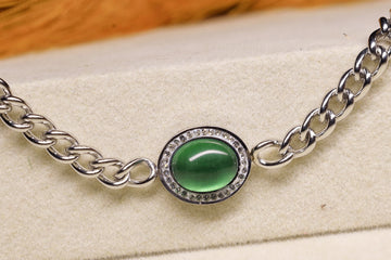 W Chain Bracelet -Green Stone Silver Chain